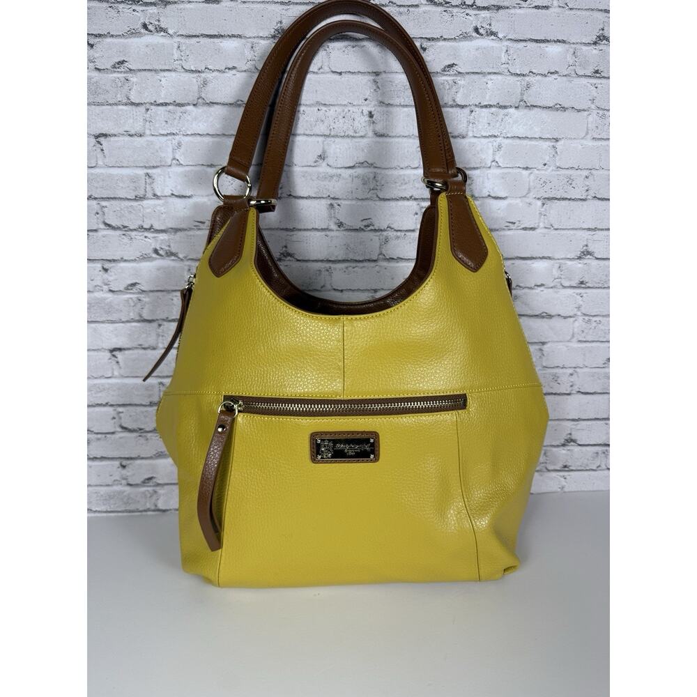 Sharif Yellow Brown Leather Hobo Handbag Embroidery Butterflies Flowers - Picture 4 of 12